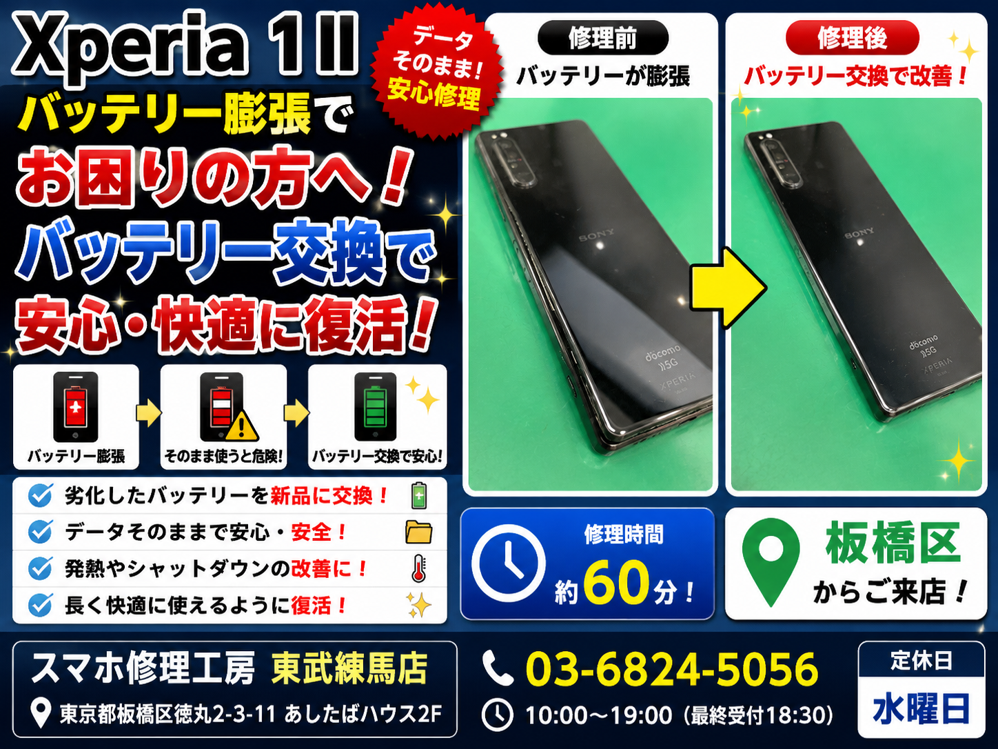 📱Xperia 1 II バッテリー交換修理【板橋区よりご来店】